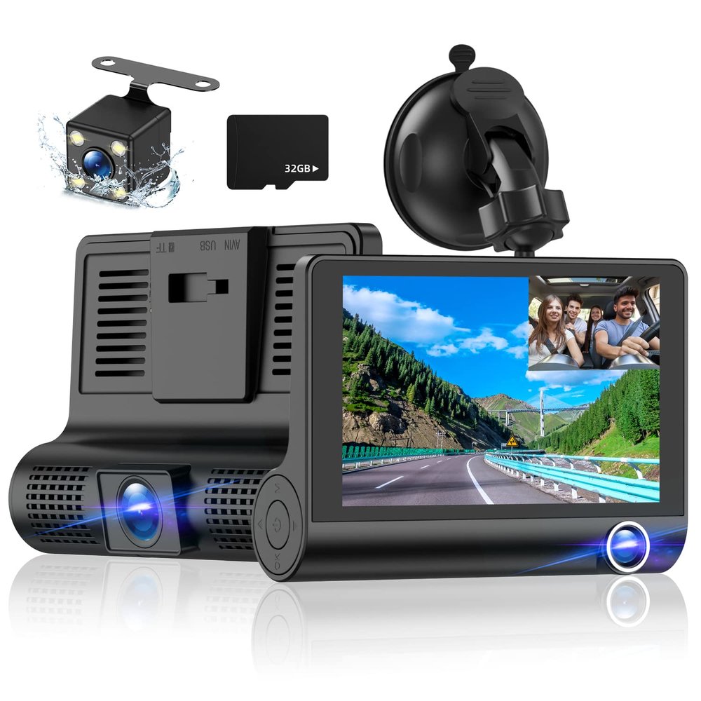 Dash Cam Front and Rear Video Recorder Rear Camera 1080P Dashcam with 4 inches, Super Night Vision, 170Wide Angle, Loop Recording, G-Sensor, Parking Monitor, Motion Detection, with 32GB Card