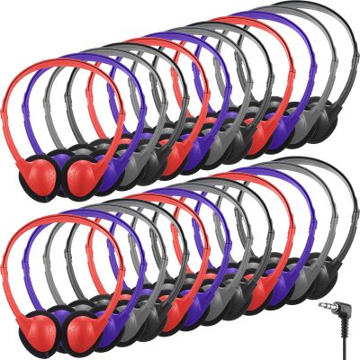 Konohan 32 Pack Headphones Bulk for School Student Classroom Set of Headphones Wire Headset Adjustable with 3.5 mm Jack for Adult (Red,Purple,Gray,Black)