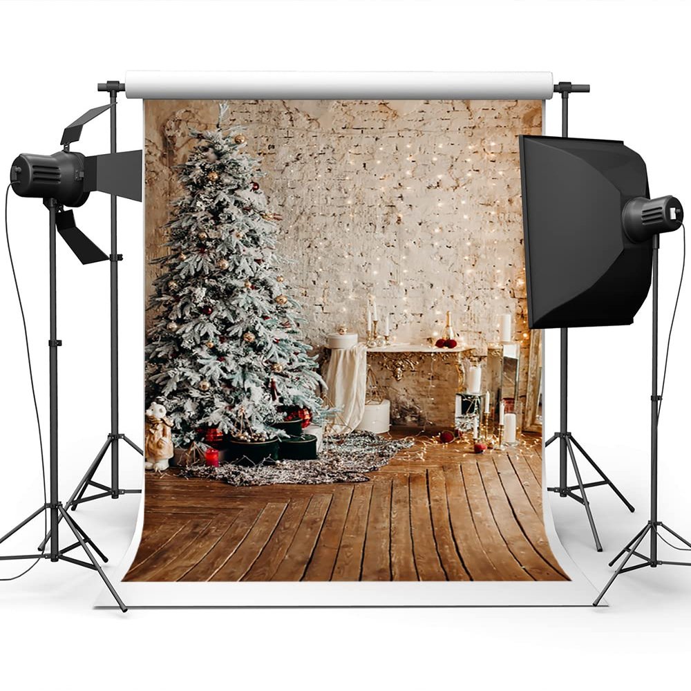 10X20ft Christmas Tree Theme Photography Background Village Wall Luminous Star Background Christmas Bell Christmas Peace Fruit Wood Floor Background