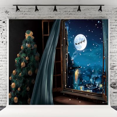 10x6.5ft Christmas Window Backdrop for Photography Snow Sky Moon Stars Reindeer Santa Xmas Background Christmas Backdrop Family Festival Decorations Photo Studio Props