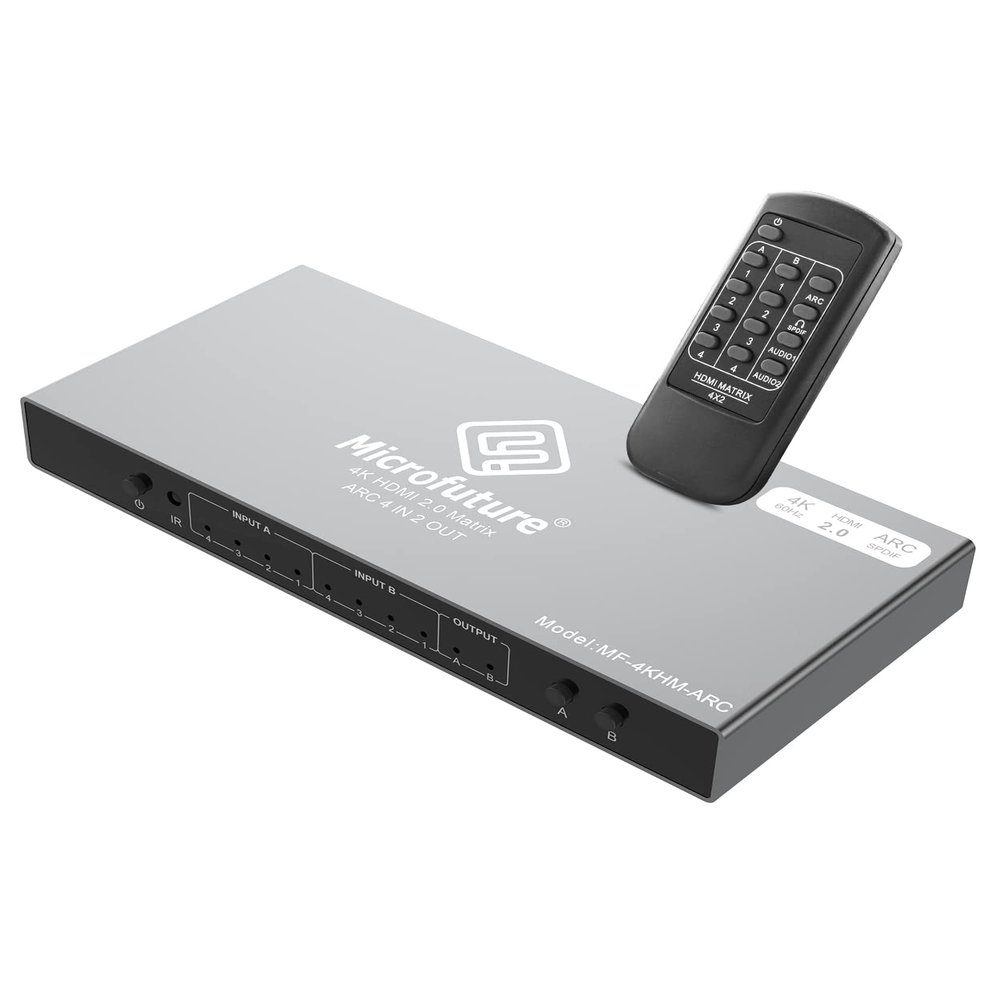 HDMI Matrix Switch 4x2 Ver.2024 4K@60/2K@144 HDR10 & Dobly Vision ARC/SPDIF 5.1CH, Scaler 4K to 1080P, HDCP 2.2 18Gbps, HDMI 2.0b Matrix Splitter Switch 4 in 2 Out with IR Remote Control
