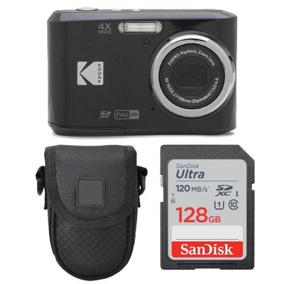 Kodak PIXPRO FZ45 Digital Camera (Black), Point & Shoot Camera Case, Sandisk 128GB SDXC Memory Card