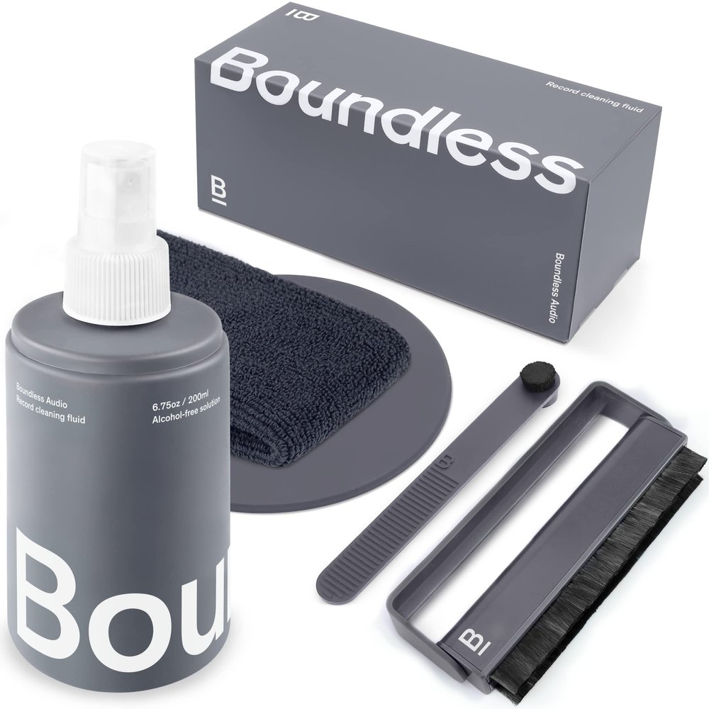 Boundless Audio Record Cleaning Kit - 6.75oz Record Cleaner Solution, Microfiber Cloth & Label Protector Bundle with Vinyl Brush & Stylus Brush - 5 Piece Cleaning Kit