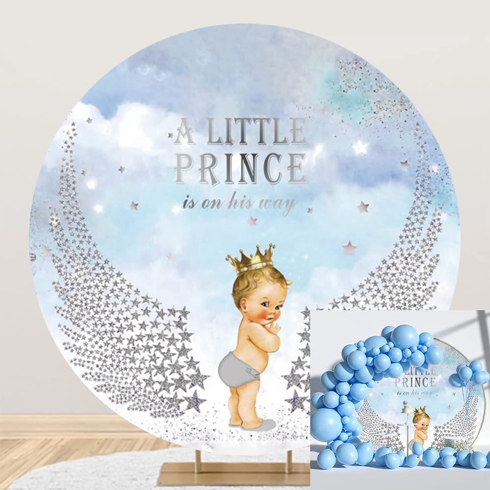 DORCEV A Little Prince is On His Way Round Backdrop Cover 7.2x7.2ft Polyester Kids Boy Baby Shower Party Photography Background Boy with Angel Wings Blue Sky Silver Sequins Glitter Stars Decor Props
