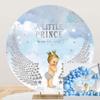 DORCEV A Little Prince is On His Way Round Backdrop Cover 7.2x7.2ft Polyester Kids Boy Baby Shower Party Photography Background Boy with Angel Wings Blue Sky Silver Sequins Glitter Stars Decor Props view 1