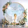 DORCEV A Little Prince is On His Way Round Backdrop Cover 7.2x7.2ft Polyester Kids Boy Baby Shower Party Photography Background Boy with Angel Wings Blue Sky Silver Sequins Glitter Stars Decor Props view 2