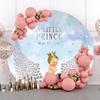 DORCEV A Little Prince is On His Way Round Backdrop Cover 7.2x7.2ft Polyester Kids Boy Baby Shower Party Photography Background Boy with Angel Wings Blue Sky Silver Sequins Glitter Stars Decor Props view 4