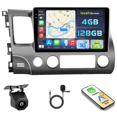 [4+128G] Hikity Android 15 Car Stereo for Honda Civic 2006-2011, 10'' in-Cell Touch Screen Civic Radio Wireless Carplay Android Auto 5G WiFi Bluetooth 5.0 Mirror Link GPS SWC FM/RDS/EQ Backup Cam+Mic