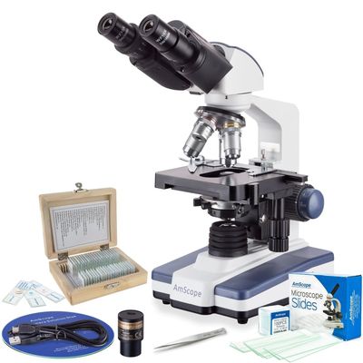 AmScope - 40X-2500X LED Binocular Compound Microscope with 3D Stage, 1MP Digital Camera, 25-Piece Prepared Slides Set, and 3-Piece Precision Tweezers Set - VB-B120C-STR