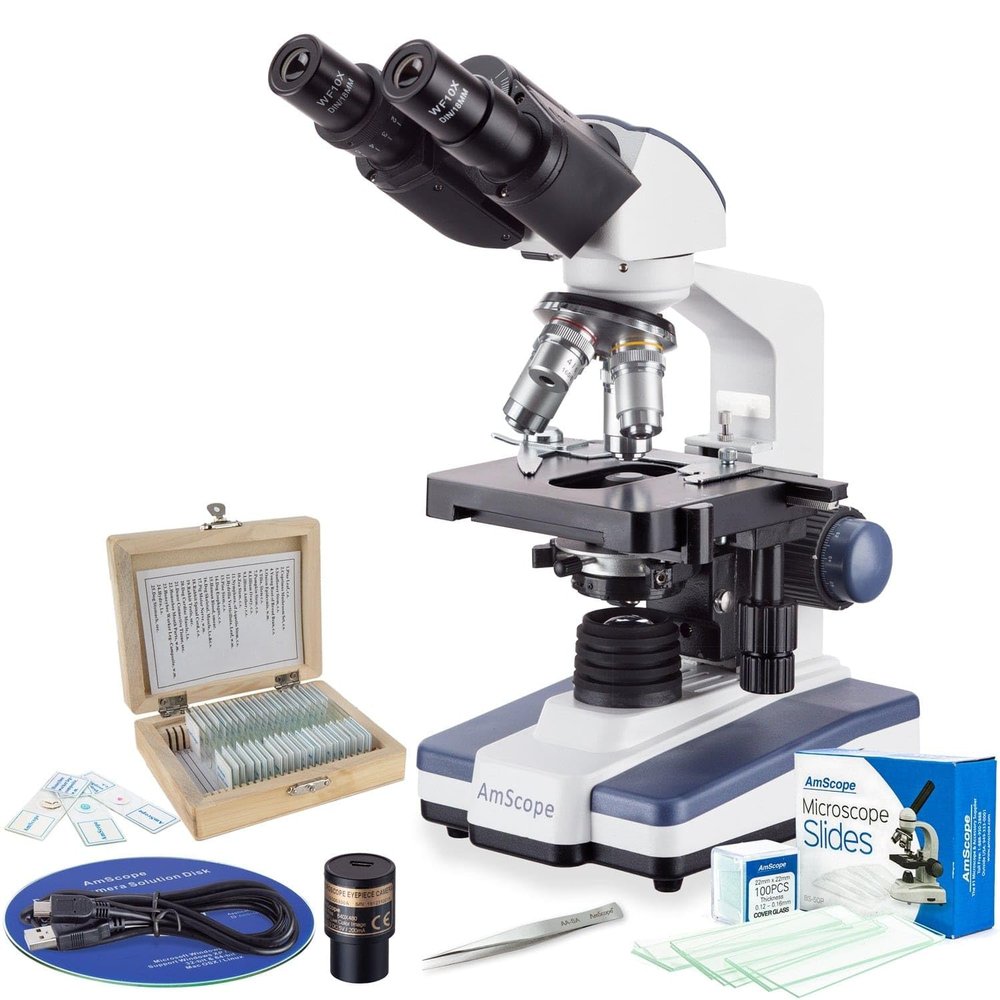 AmScope - 40X-2500X LED Binocular Compound Microscope with 3D Stage, 1MP Digital Camera, 25-Piece Prepared Slides Set, and 3-Piece Precision Tweezers Set - VB-B120C-STR