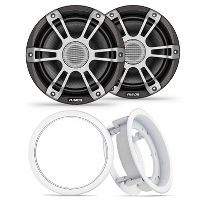 Fusion 1 Pair SG-F773SPG 7.7" Signature i3 Series Marine Coax Gray Sport Grills (NO LEDs) with 1 Pair Fusion MS-FM77KIT 7.7" White Flush Mount Kit