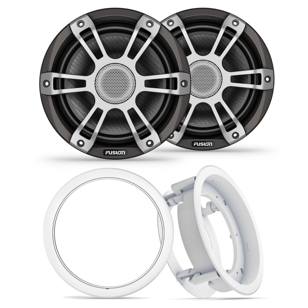 Fusion 1 Pair SG-F773SPG 7.7" Signature i3 Series Marine Coax Gray Sport Grills (NO LEDs) with 1 Pair Fusion MS-FM77KIT 7.7" White Flush Mount Kit