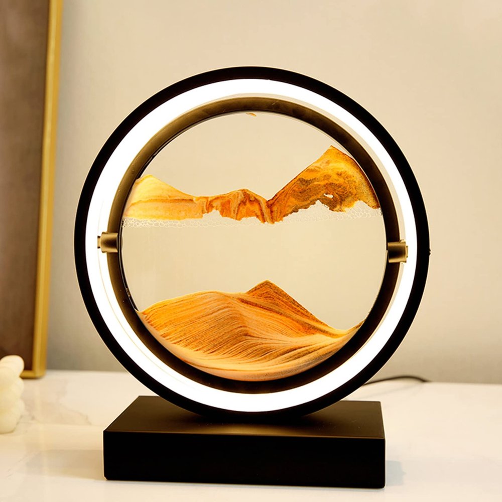 LFFH Glass Quicksand Painting, 3D Quicksand Art Sand Scene Dynamic Round Glass Sandscape Painting Desk Lamp Sand Painting Lamp (Color : Yellow, Size : 25x10x30cm)