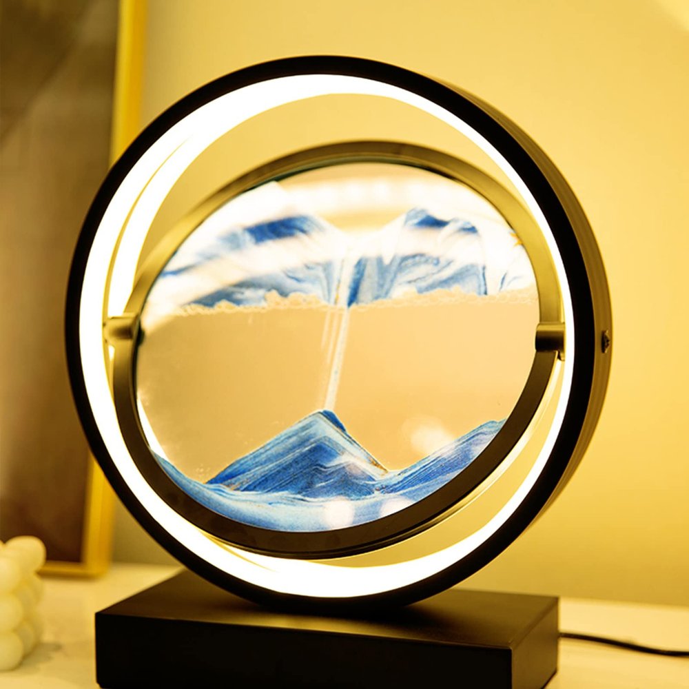 LFFH Glass Quicksand Painting, 3D Quicksand Art Sand Scene Dynamic Round Glass Sandscape Painting Desk Lamp Sand Painting Lamp (Color : Blue, Size : 25x10x30cm)