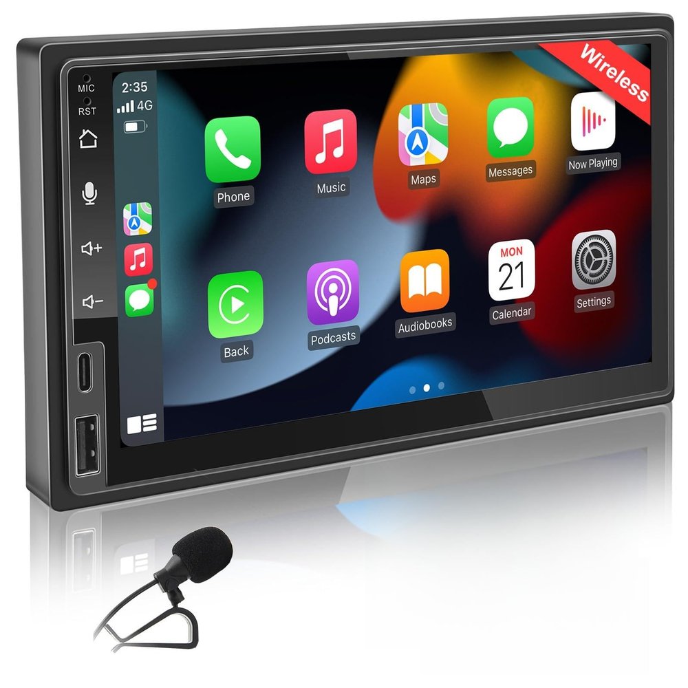 7 Inch Double Din Car Stereo with Wireless CarPlay & Wireless Android Auto, Touchscreen Car Radio with Bluetooth, USB/SWC/AUX/FM