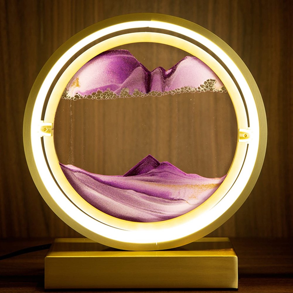 LFFH Glass Quicksand Painting, 3D Quicksand Art Sand Scene Dynamic Round Glass Sandscape Painting Desk Lamp Sand Painting Lamp (Color : Purple-1, Size : 29x10x33cm)