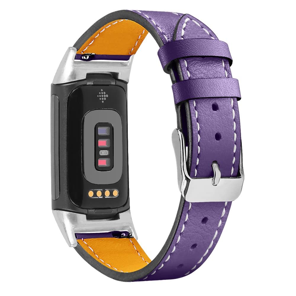 FONREST Compatible with Fitbit-Charge-5 Stitched Genuine Leather Bands w/Tang Buckle, Unisex Adjustable Classic Wristband Strap Replacement for Women Man(Purple)