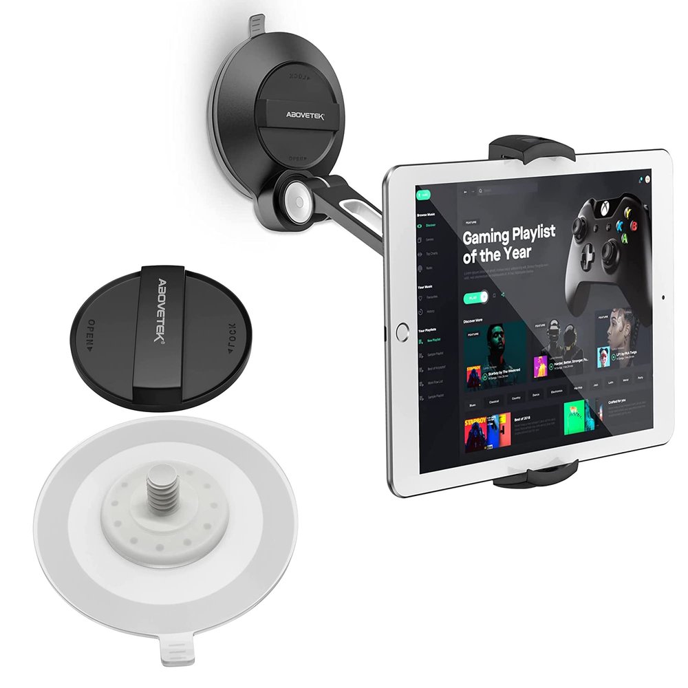 AboveTEK Phone Tablet Stand Holder with Suction Cup Fits 4-11, Large Sticky Pad Tablet Mount on Kitchen Desk Office Window Bathroom Mirror Car Truck Windshield, for iPhone, iPad mini Air Pro(Black)