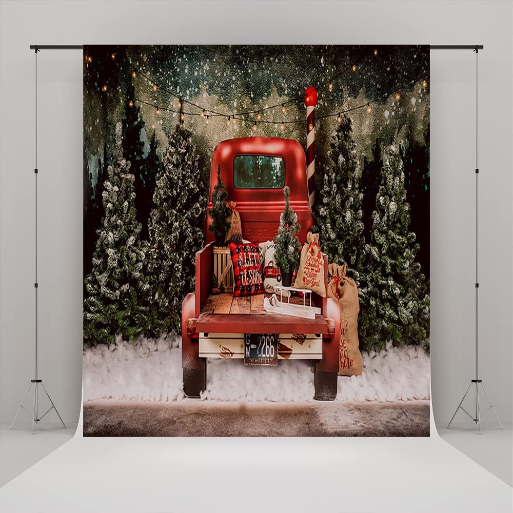 10x10ft Christmas Backdrops for Red Car Christmas Tree Glow Lights Snow Photography Background Xmas Party Wall Decoration Supplies Photo Booth