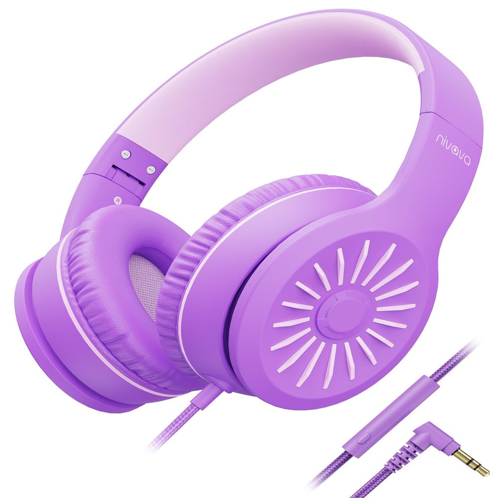 NIVAVA Wired Headphones with Microphone, K16 On-Ear Headphones for Kids with 3.5MM Jack, Foldable Stereo Bass Headphones for Teens School Amazon Kindle, Fire, Chromebook, Tablet(Purple Pink)