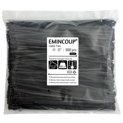 Zip Ties 12 inch 1000 Pack Black, 50 lbs Tensile Strength, Self-Locking Nylon Cable Ties, UV Resistant Plastic Wire Ties for Indoor and Outdoor Use by EMINCOUP