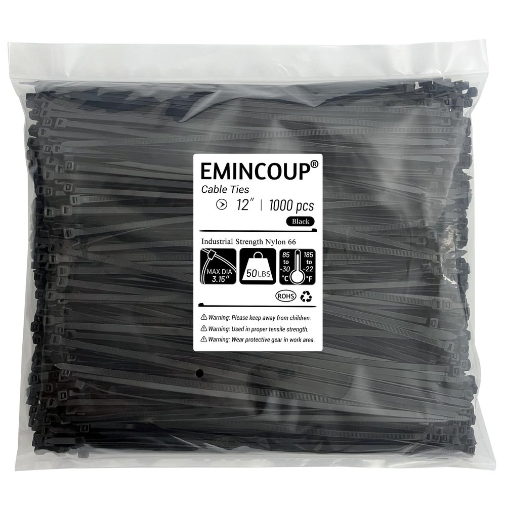 Zip Ties 12 inch 1000 Pack Black, 50 lbs Tensile Strength, Self-Locking Nylon Cable Ties, UV Resistant Plastic Wire Ties for Indoor and Outdoor Use by EMINCOUP