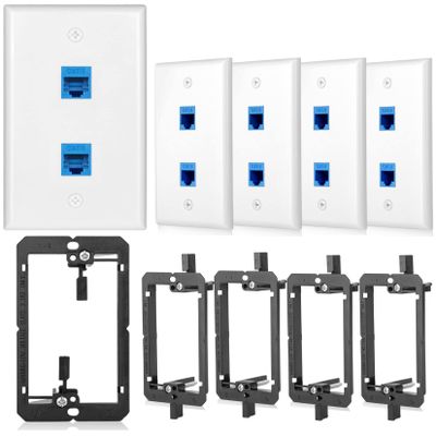 5 Pack Ethernet Wall Plate 2 Port Cat6 Outlet Jack RJ45 Keystone Coupler Female to Female 2Port with Low Voltage Mounting Bracket Network Cables Inline Wires Connector Double Blue