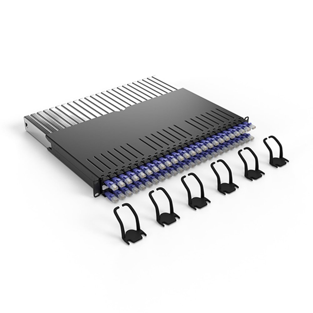 PATCHBOX 365 Cat.6a - 24-Port Patch Panel with Retractable Cable Management System for 19 Racks, Includes Flat 10GB Network Cables for Easy Network and Server Rack Setup (UTP, Violet, 0.8m / 8RU)