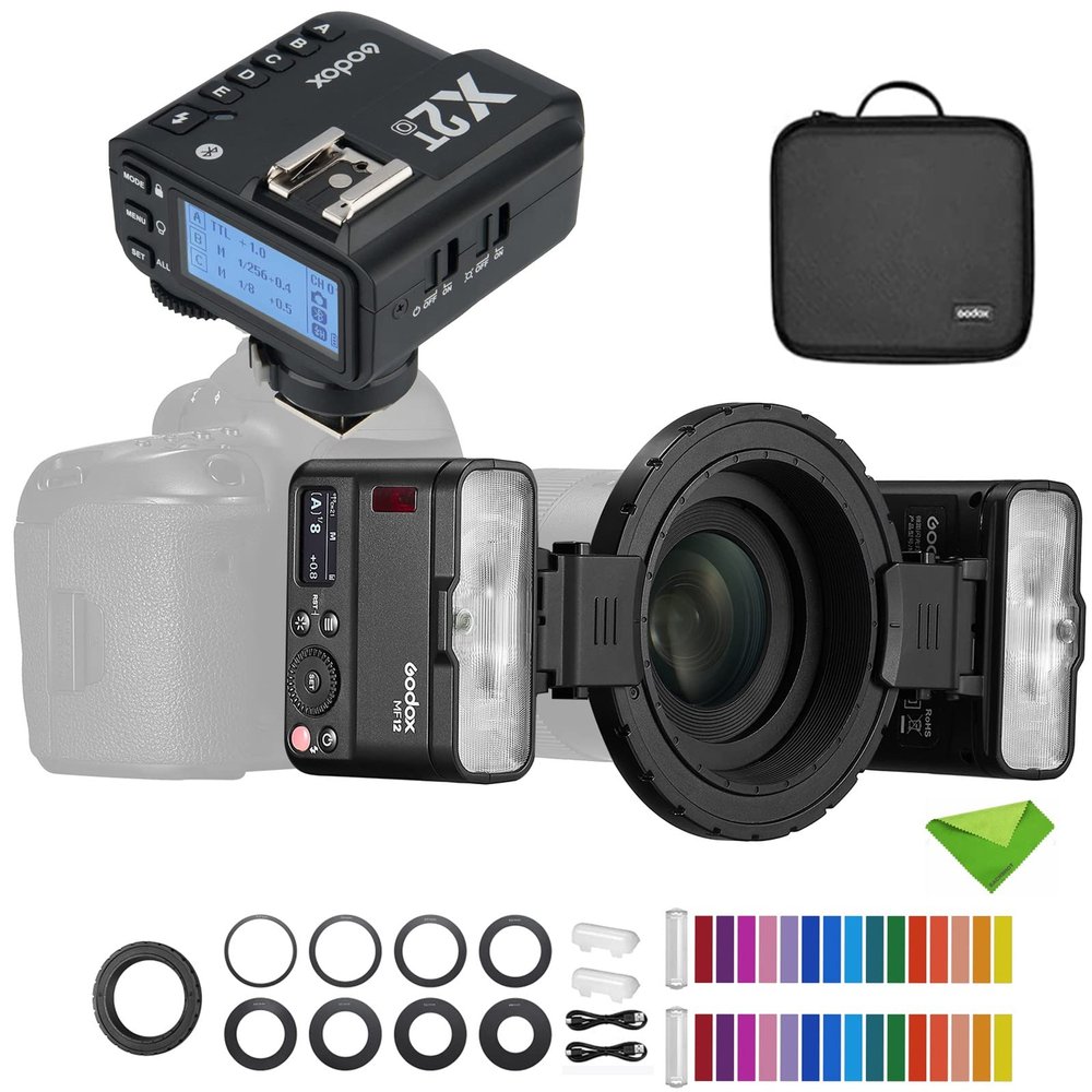 Godox MF12 MF12-K2 Macro Flash w/Godox X2T-O Trigger 12W, 2.4G Wireless Control, TTL/M Mode, Built-in 3.7V/6.29W Lithium Battery, Flash for Sony, Canon, Fuji, Olympus, Panasonic and Leica
