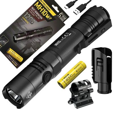 Combo: Nitecore MH10 V2 Type-C Rechargeable Flashlight 1200 Lumens w/2140 Battery, GM02MH Mount & Free Eco-Sensa USB Cable