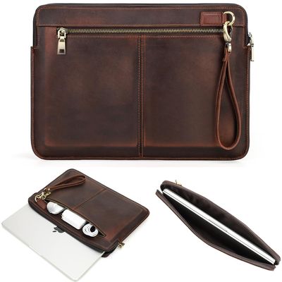 CataPurus Top Grain Leather 14.2" Laptop Case Bag, Zip Pockets Design, Compatible with MacBook Air 13" M2 A2681 M1 A2337 A2179 A1932/Pro 13" M2 M1 A2338 A2251 A2289 A2159 A1989 A1706, Coffee 14.2 Inch