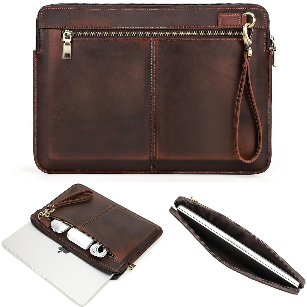 CataPurus Top Grain Leather 14.2" Laptop Case Bag, Zip Pockets Design, Compatible with MacBook Air 13" M2 A2681 M1 A2337 A2179 A1932/Pro 13" M2 M1 A2338 A2251 A2289 A2159 A1989 A1706, Coffee 14.2 Inch