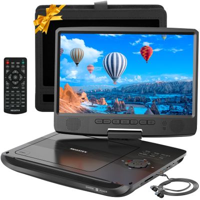 MEGATEK 12.5" Portable DVD Player with 10.5" Screen & Headphones, Car DVD Player for Kids with Headrest Mount, 6-Hour Battery, Supports CD/DVD/USB/SD Card, Remote - Black