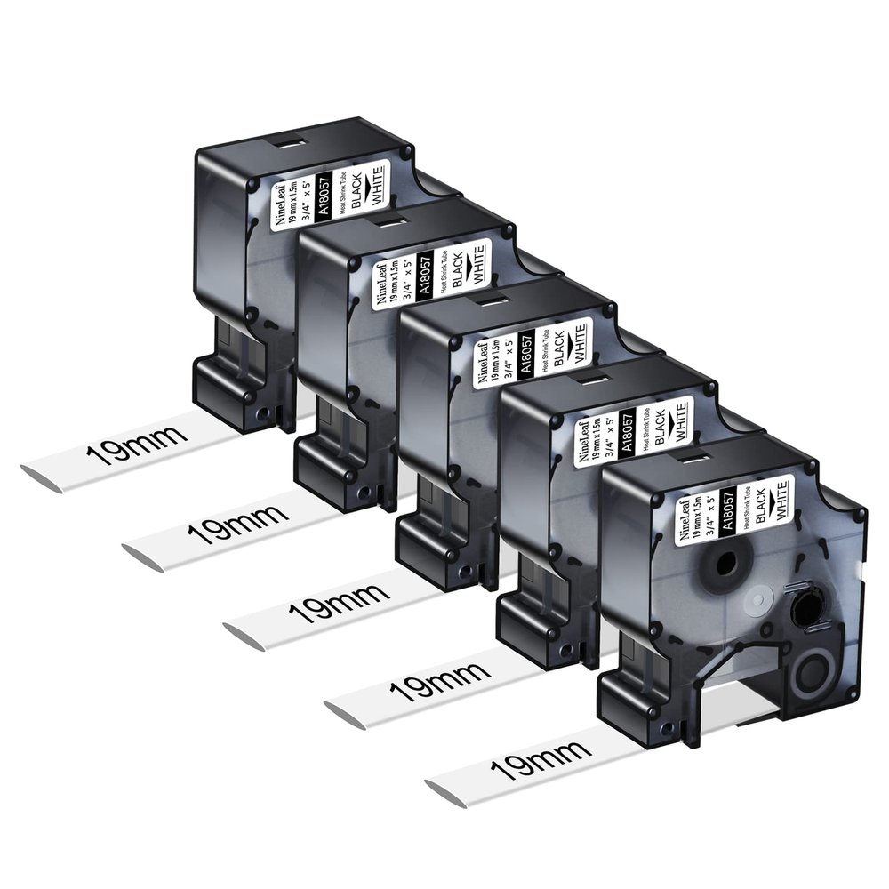 NineLeaf 5 Pack Compatible Labels Tape Replacement for Dymo 18057 3/4 inch Black on White Heat Shrink Tube Labels 19mm x 1.5m for Wires and Cables Use in Rhino 4200 5200 5000 6000 3M Label Maker