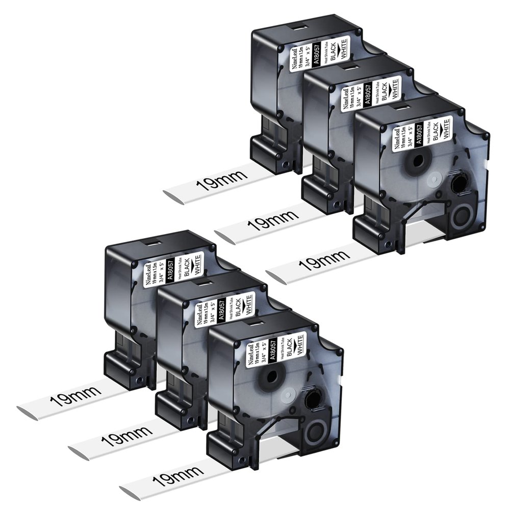 NineLeaf 6 Pack Compatible Labels Tape Replacement for Dymo 18057 3/4 inch Black on White Heat Shrink Tube Labels 19mm x 1.5m for Wires and Cables Use in Rhino 4200 5200 5000 6000 3M Label Maker