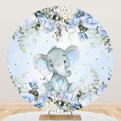 DORCEV Diameter 5ft Baby Elephant Round Backdrop Watercolor Blue Floral Green Leaves Photo Background for Kids Boys 1st Birthday Baby Shower Announce Pregnancy Party Decor Circle Backdground Cover