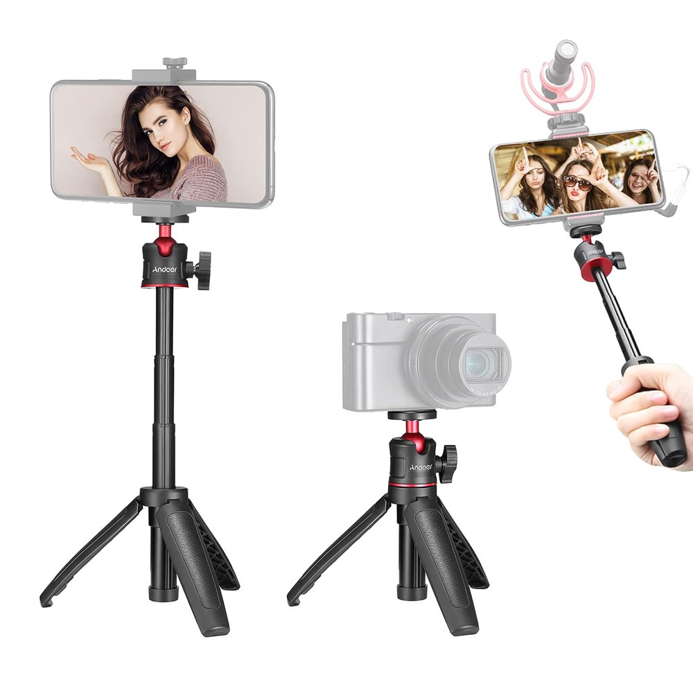 Andoer MT-08 Mini Extendable Desktop Tripod Handheld Photography Bracket Stand with Flexible Ballhead 1/4 Inch Screw Mount for Selfie Travel Vlogging