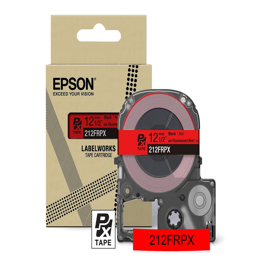 Epson LABELWORKS 212FRPX Genuine PET (Polyester) Tape Cartridge - Black on Fluorescent Red Designer Craft Label Maker Tape - 1/2" (12MM) Wide, 16'