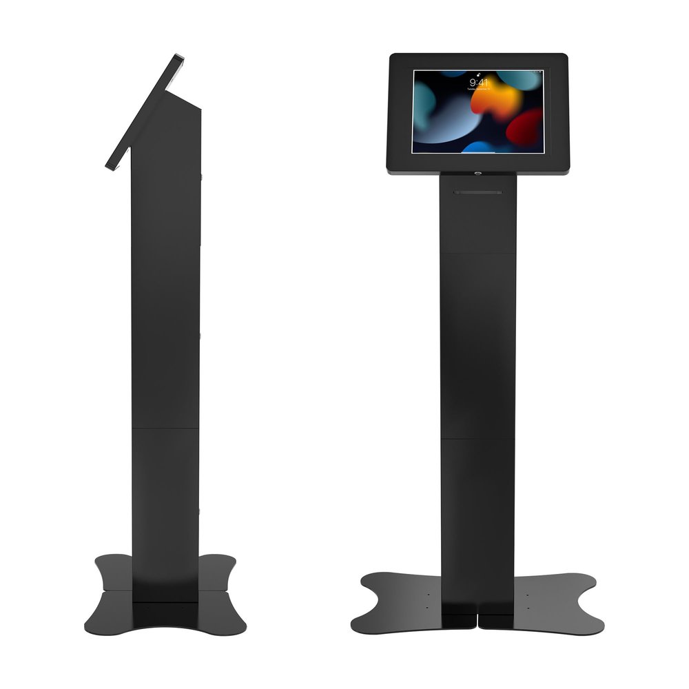 CTA Digital Locking Kiosk & Enclosure  Premium Locking Floor Stand Kiosk with Universal Security Enclosure - Storage and Cable Management for Retail POS - Ordering Screens & More Black (PAD-PARAFPE)