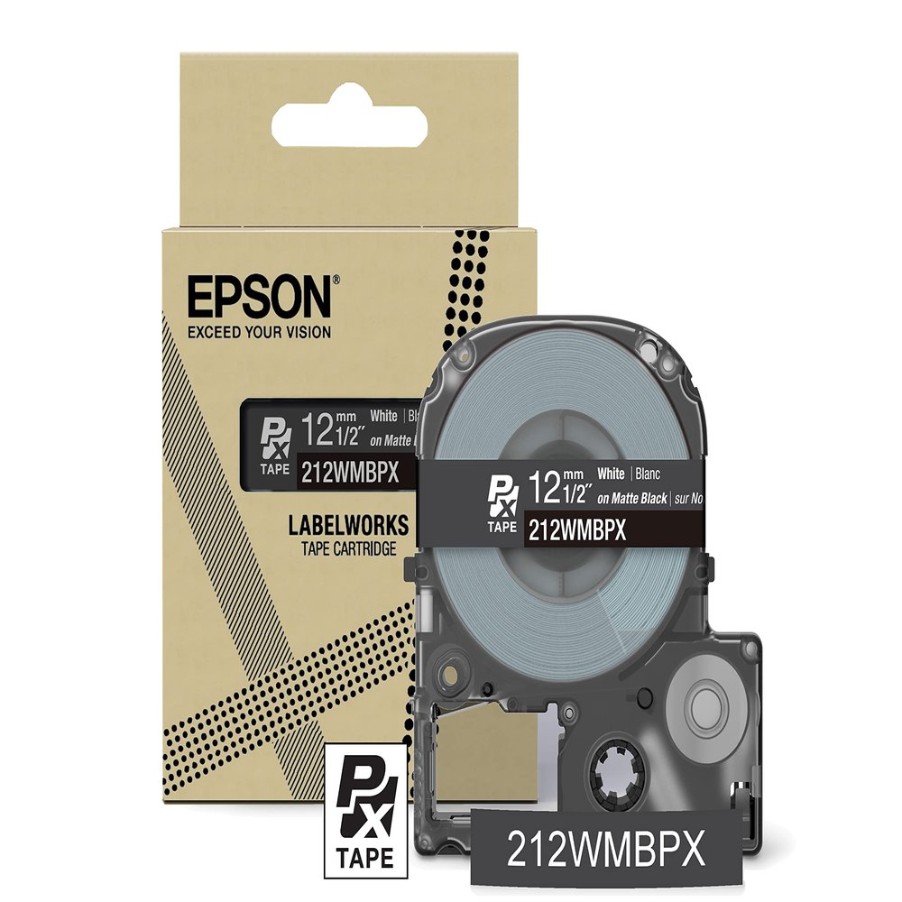 Epson LABELWORKS 212WMBPX Genuine PET (Polyester) Tape Cartridge - White on Black Matte Designer Craft Label Maker Tape - 1/2" (12MM) Wide, 26'