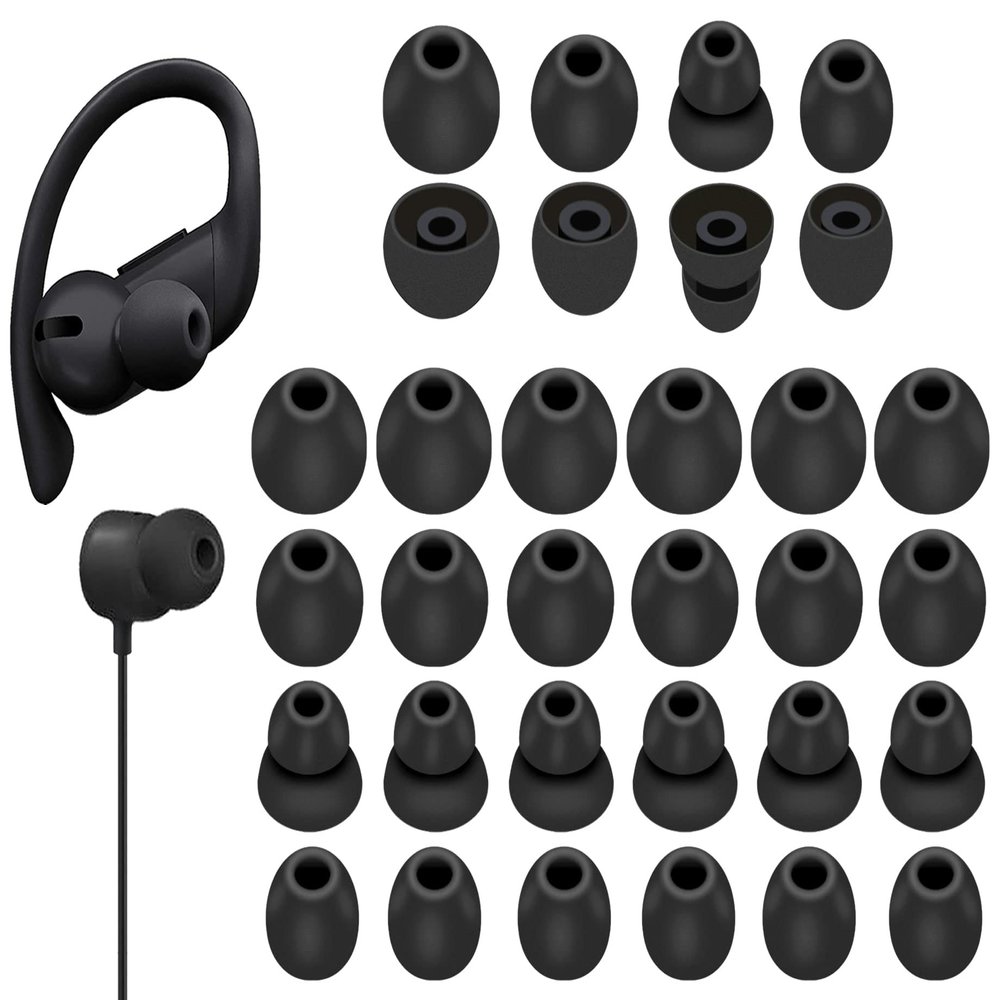 16 Pairs Powerbeats Pro Ear Tips Buds, 4 Size Replacement Soft Flexible Fit in Case Noise Reduce Silicone Rubber Gel Earbuds Eartips Wing Skin Accessories Compatible with Beats Flex/BeatsX - Black