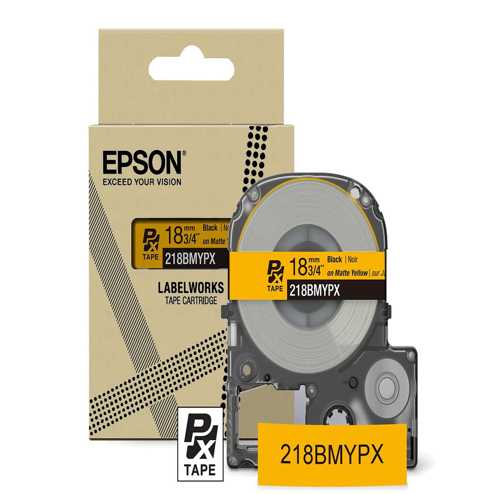 Epson LABELWORKS 218BMYPX Genuine PET (Polyester) Tape Cartridge - Black on Matte Yellow Designer Craft Label Maker Tape - 3/4" (18MM) Wide, 26'
