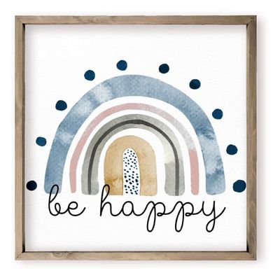 Be Happy Water Color Rainbow Nursery Wall Sign Decor Kid's Room With Frame