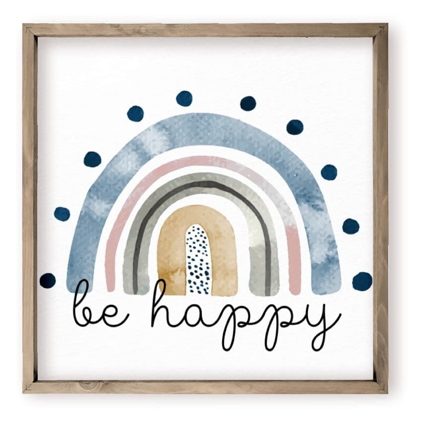 Be Happy Water Color Rainbow Nursery Wall Sign Decor Kid's Room With Frame