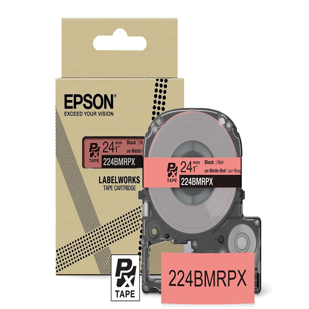 Epson LABELWORKS 224BMRPX Genuine PET (Polyester) Tape Cartridge - Black on Matte Red Designer Craft Label Maker Tape - 1" (24MM) Wide, 26'