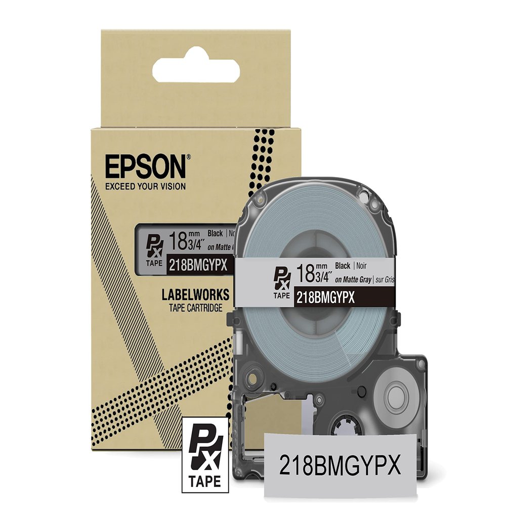 Epson LABELWORKS 218BMGYPX Genuine PET (Polyester) Tape Cartridge - Black on Matte Light Gray Designer Craft Label Maker Tape - 3/4" (18MM) Wide, 26'