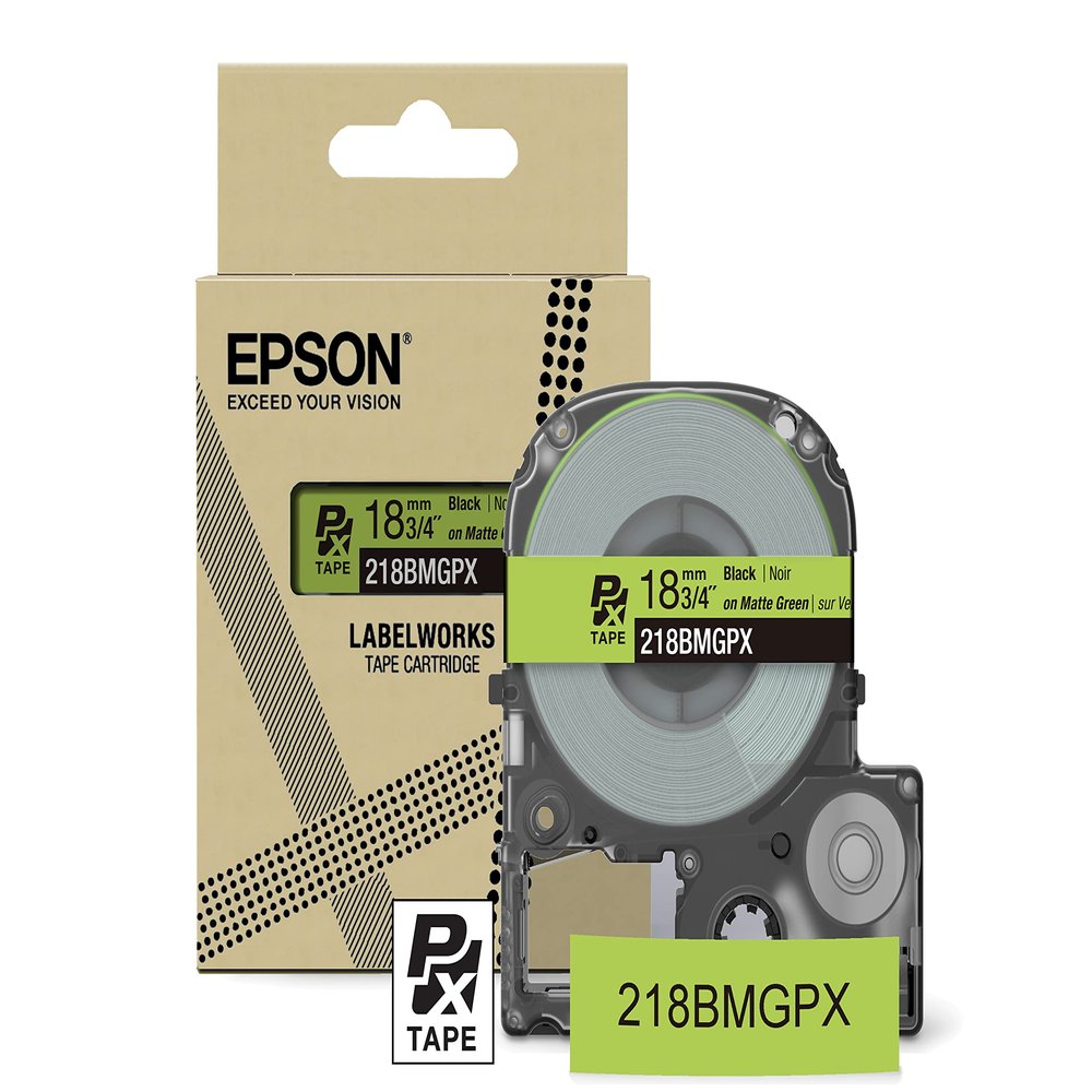 Epson LABELWORKS 218BMGPX Genuine PET (Polyester) Tape Cartridge - Black on Matte Green Designer Craft Label Maker Tape - 3/4" (18MM) Wide, 26'
