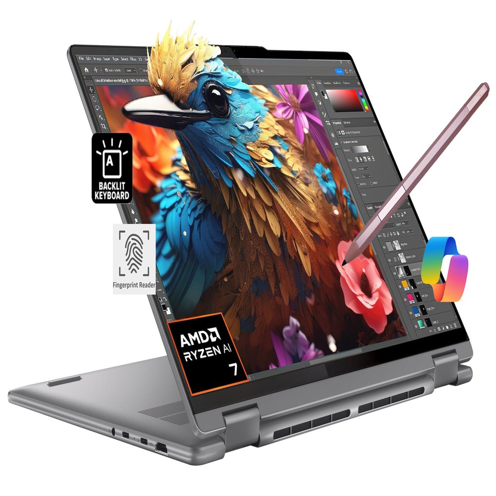 Lenovo Yoga 7 7i 2-in-1 Business Laptop (16" FHD+ Touchscreen, AMD Ryzen 7 7735U (Beat i7-1255U), 16GB RAM, 1TB SSD, IST Precision Pen), Backlit, Fingerprint, FHD IR Webcam, Win 11 Pro, Arctic Grey