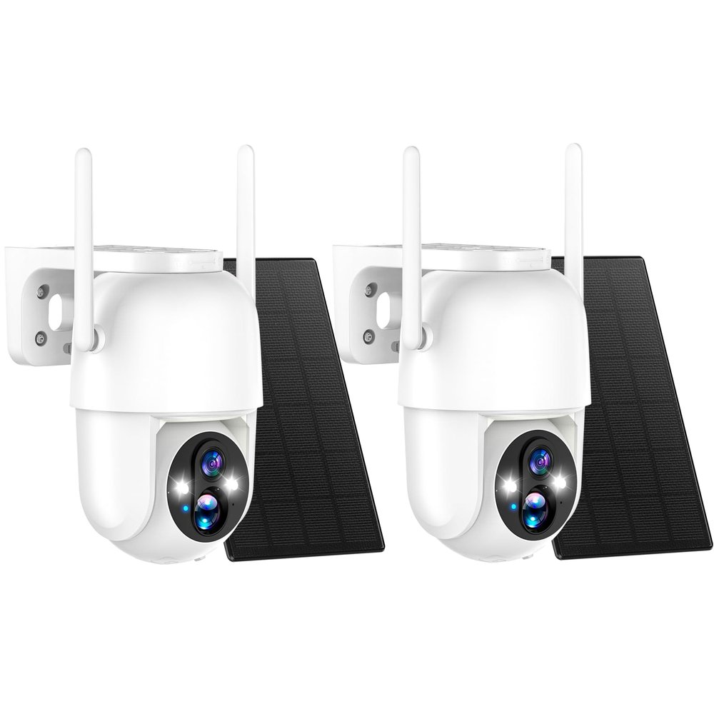 Allweviee 2Packs Solar Security Outdoor WiFi Camera, Pan Tilt 355 View IP65 Waterproof Rechargeable Wireless Battery Powered 2K 3MP PTZ Camera with PIR, Color Night Vision,2-Way Talk, 4dbi Antenna