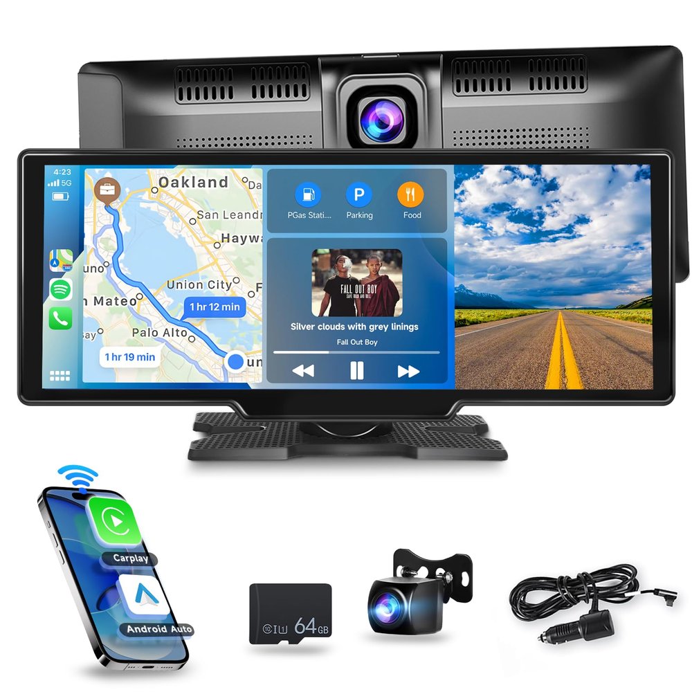 [2.5K Front Camera+64G TF Card] Wireless Carplay/Android Auto Portable Car Radio with 9.3" HD Touchscreen Dash Cam, Front/Rear View Camera Stereo Receiver Bluetooth FM Transmitter AUX